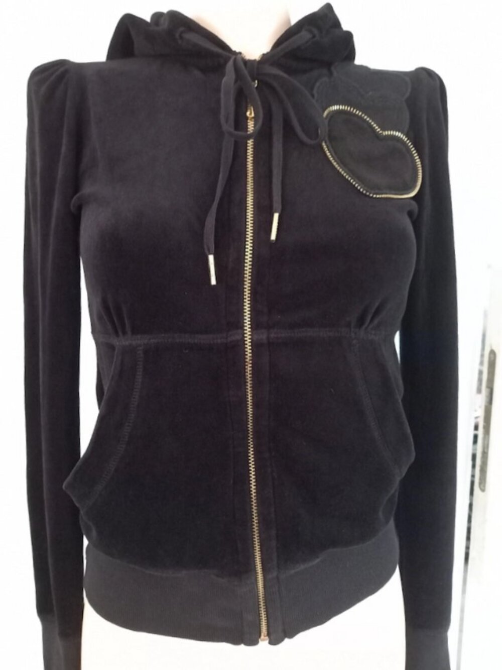 Vintage Juicy Couture 2009 Velour Heart Applique Puff Hoodie 1X Black Gold J Zip